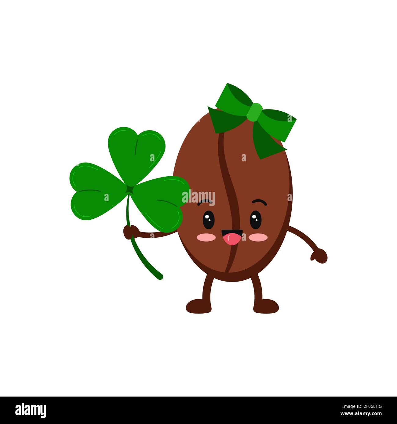 St Patrick day coffee bean girl with hair bow icon isolated on white background. shamrock. Stock Vector