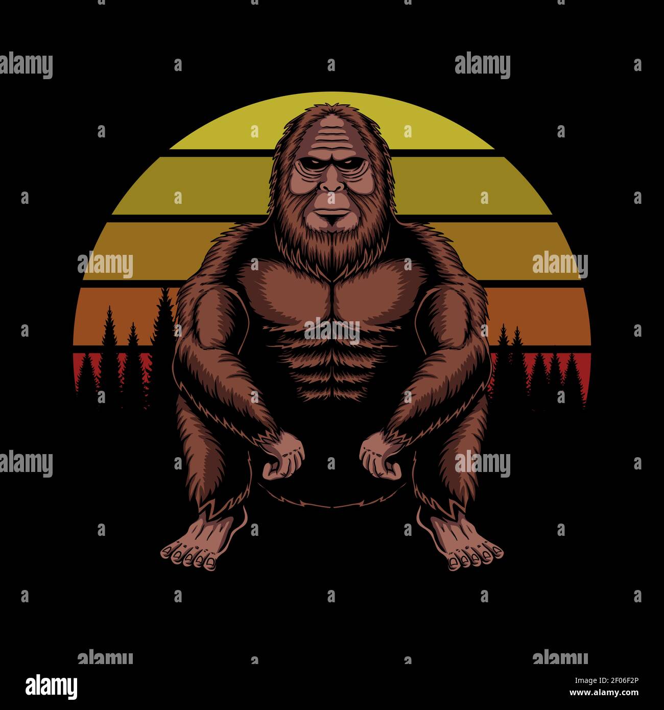 Bigfoot squat sunset retro vector illustration for your company or ...
