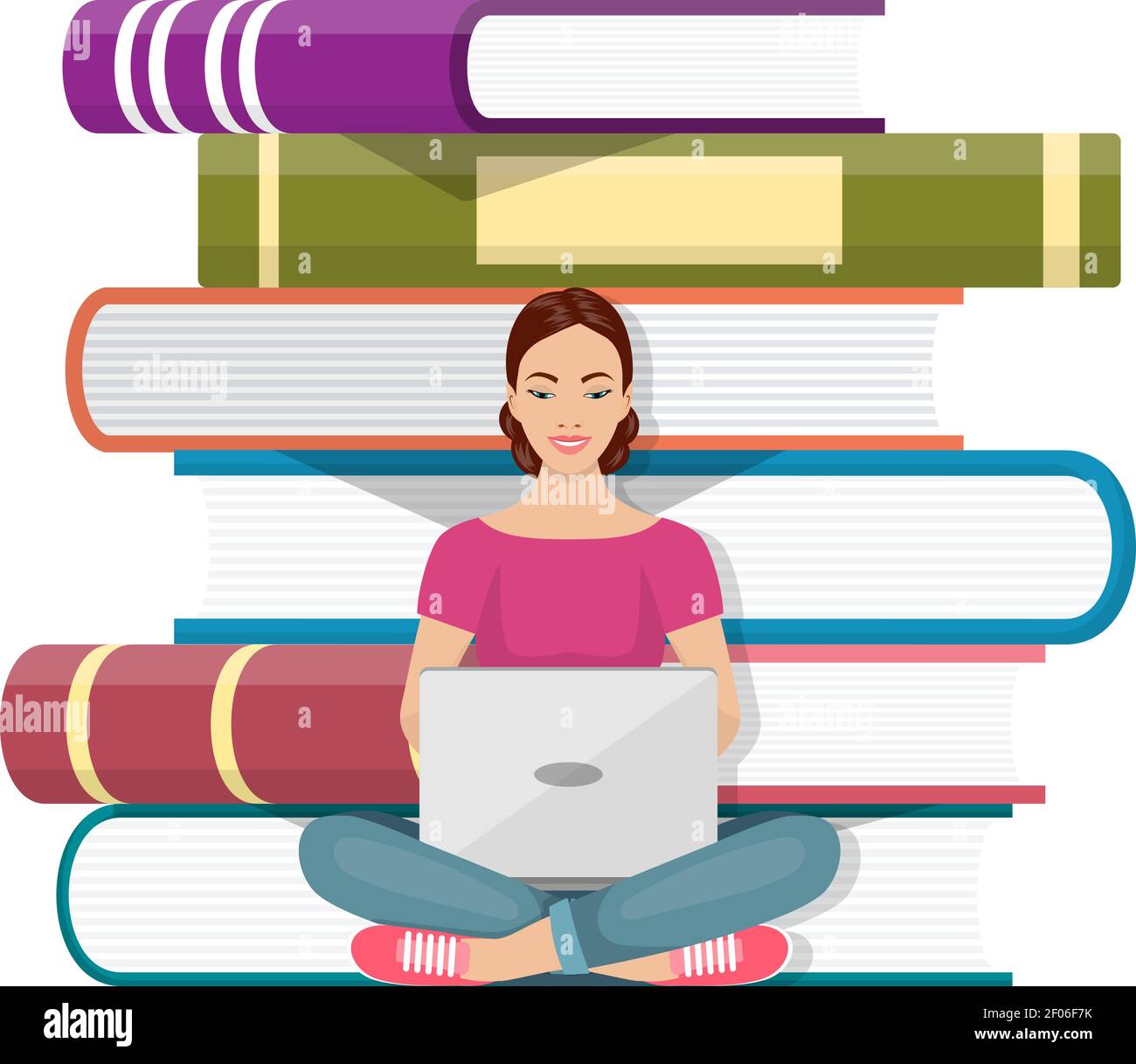 Girl sitting in front of pile of books with laptop Stock Vector Image ...