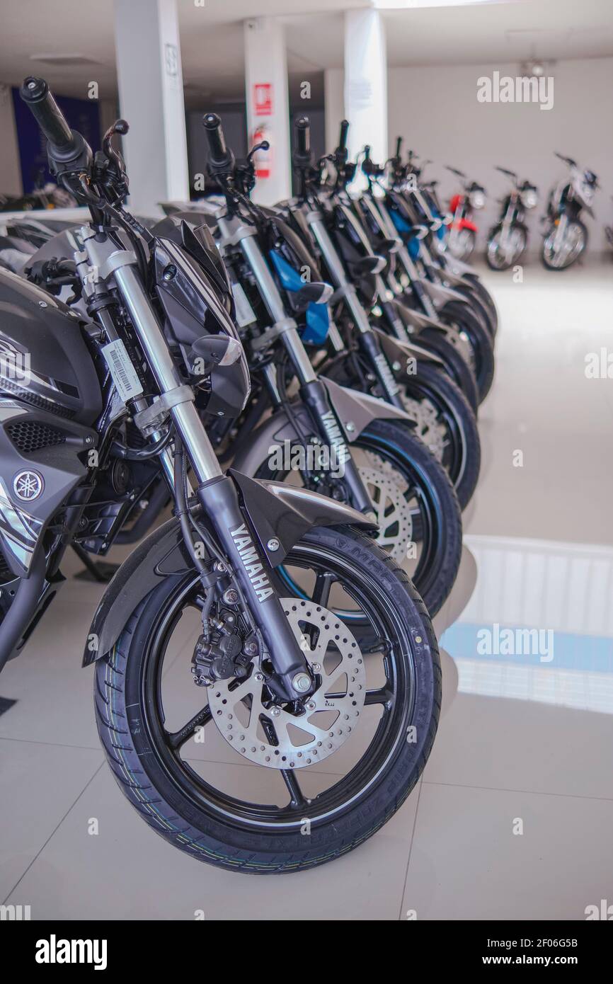 Motorcycles in the showroom Yamaha shop. Store motorcycle, professional tools, selective focus. Stock Photo