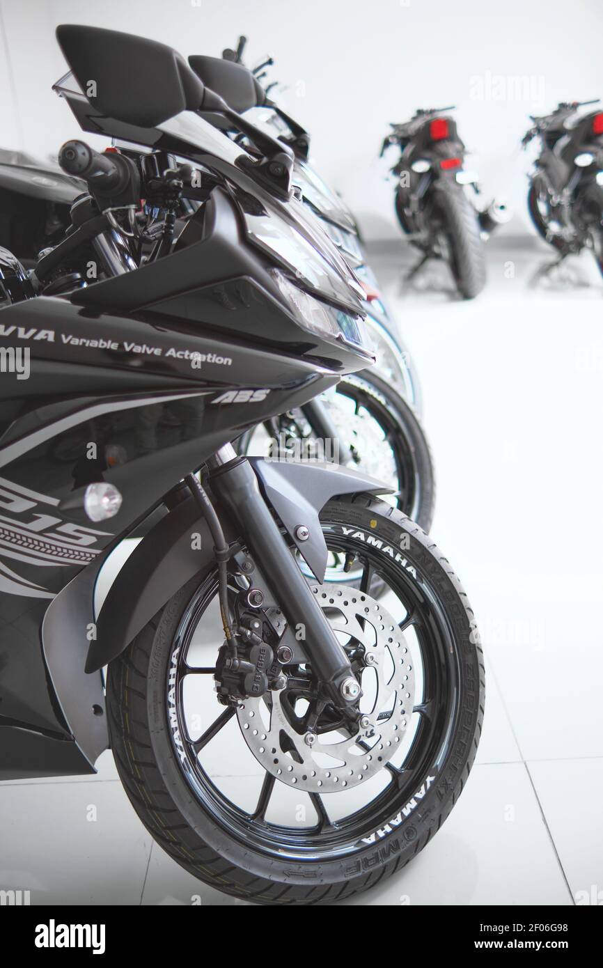 Motorcycles in the showroom Yamaha shop. Store motorcycle, professional tools, selective focus. Stock Photo