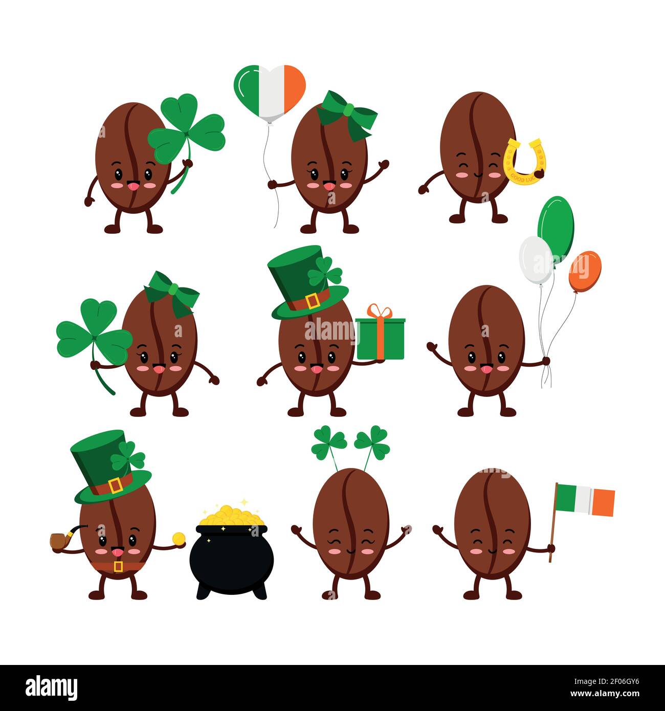 St Patrick day coffee beans icon set isolated. Stock Vector