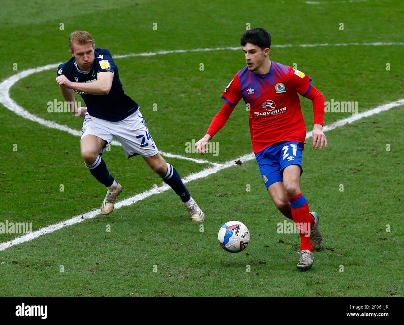 John Buckley #21 of Blackburn Rovers Under pressure fromAndy Rinomhota #35  of Cardiff City during the Sky Bet Championship match Cardiff City vs  Blackburn Rovers at Cardiff City Stadium, Cardiff, United Kingdom