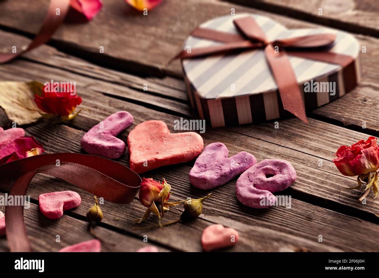Word Love with Valentines Day gift box Stock Photo