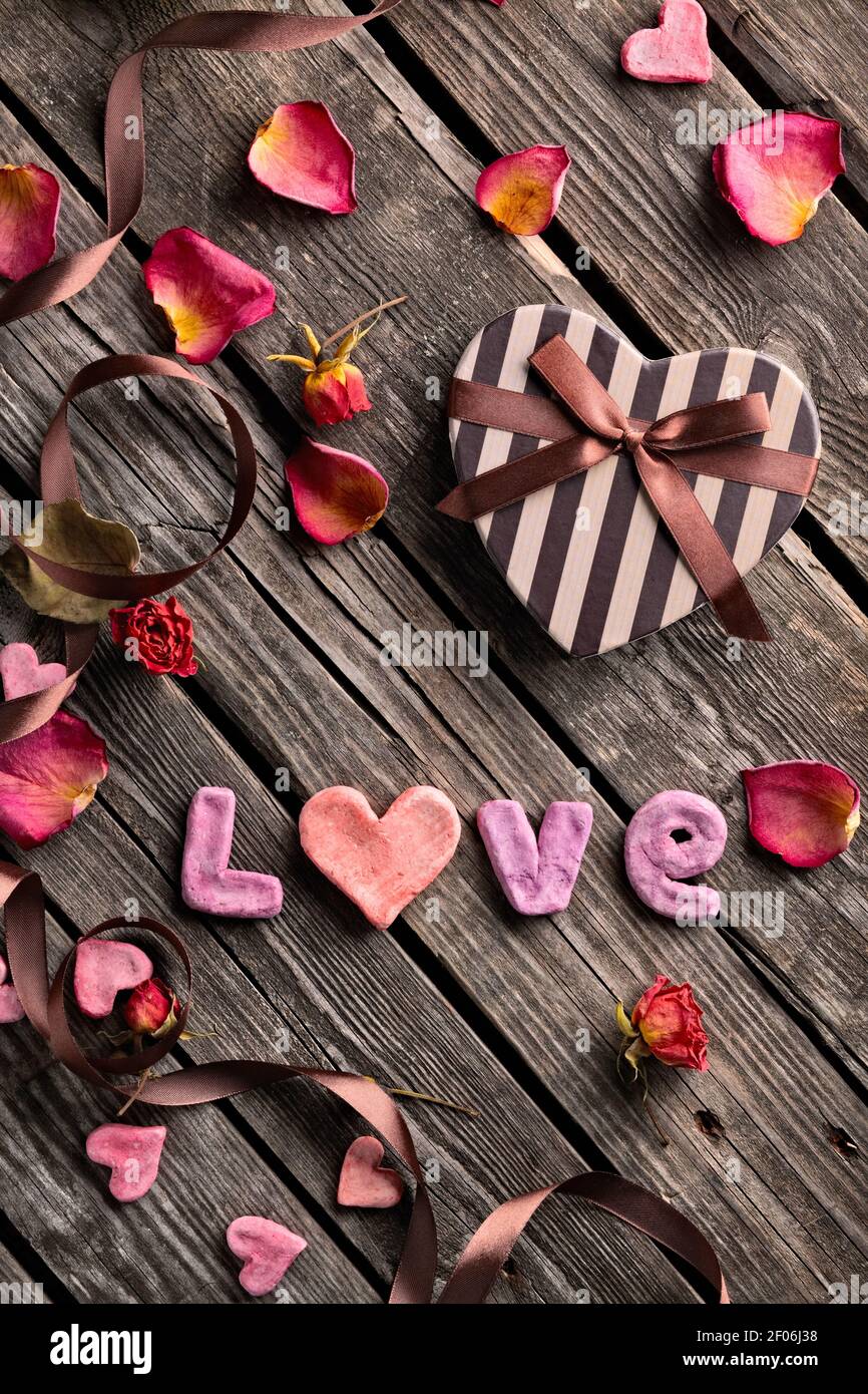 Word Love with Valentines Day gift box Stock Photo