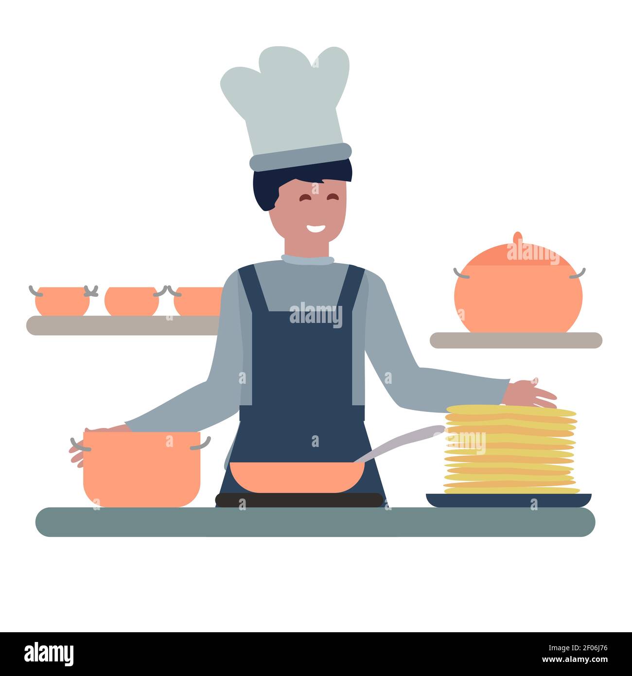 Young cute man cooking pancakes isolated vector illustration Stock