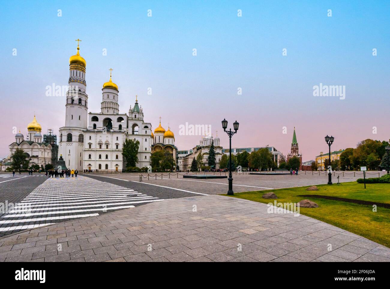 Ivanovskaya Square with gold domes of cathedrals and Ivan Great bell Tower with zebra crossing, Kremlin, Moscow, Russia Stock Photo