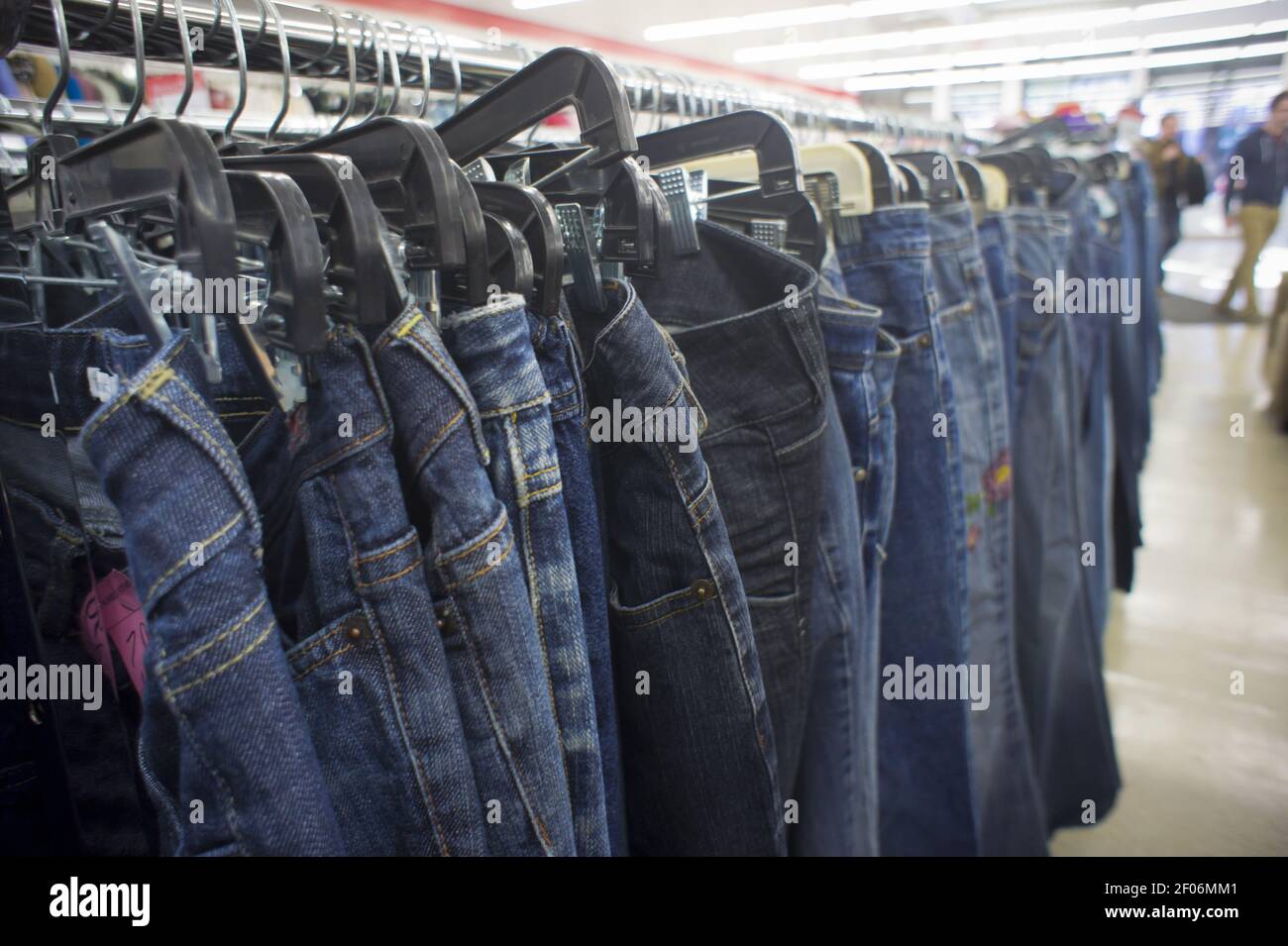 Denim jeans for sale in a thrift store in New York, seen on Saturday, April  30, 2011. After several years of declining sales due to the popularity of  leggings sales of blue