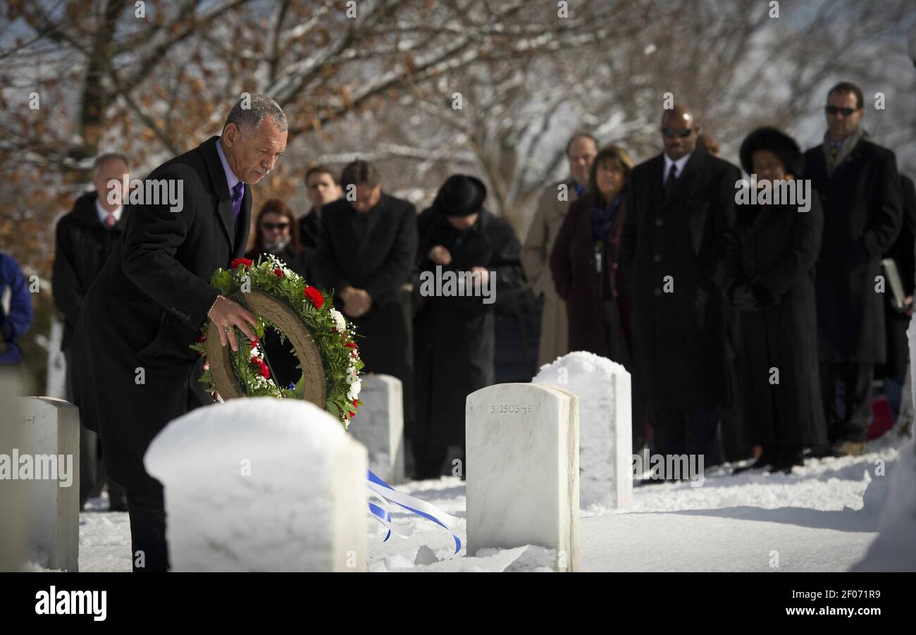 27 January 2011 - Arlington, Virginia - NASA Administrator Charles Bolden participates in a wreath-laying ceremony as part of NASA's Day of Remembrance, Thursday, Jan. 27, 2011, at Arlington National Cemetery. Wreathes were laid in memory of those men and women who lost their lives in the quest for space exploration. Photo Credit: NASA/Bill Ingalls/Sipa Press/1101281613 Stock Photo