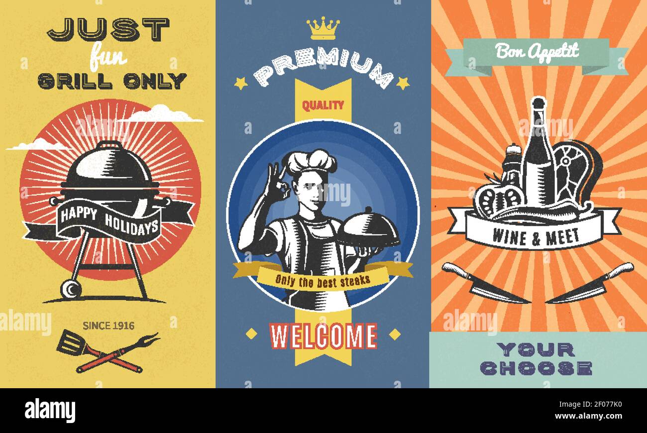 Vintage barbecue colored vertical banners with grill chef holding dish