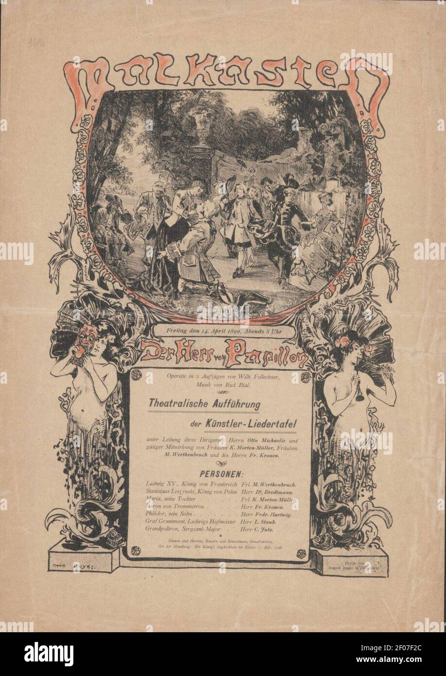 Plakat ''Der Herr von Papillon'' Operette im Malkasten, 14. April 1899, Illustrator Otto Boyer. Stock Photo