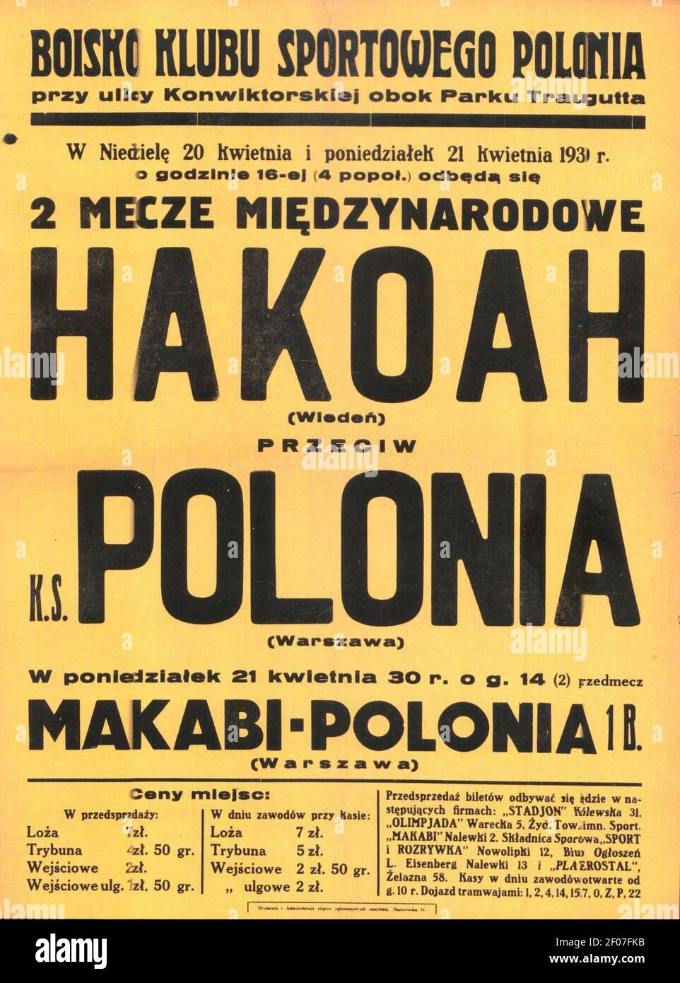 Plakat mecz piłki nożnej Hakoah Polonia Stadion Polonii 20 i 21 kwietnia 1930. Stock Photo