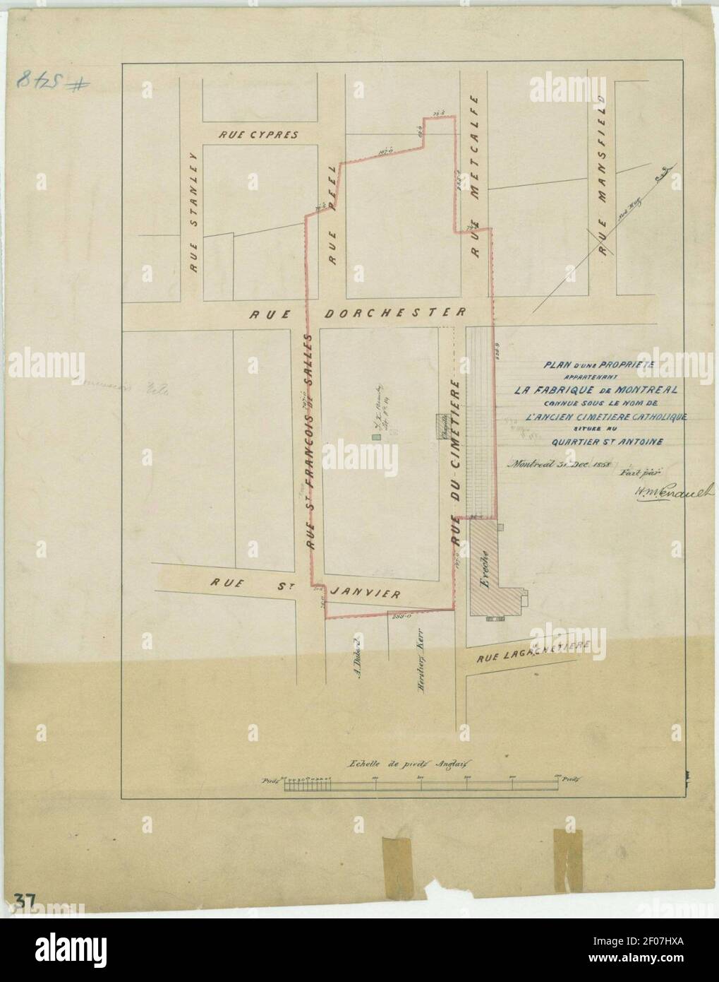 Plan d une propriete, appartenant a la Fabrique de Montreal, connue sous le nom de l ancien cimetiere catholique, situee au quartier St Antoine. Stock Photo