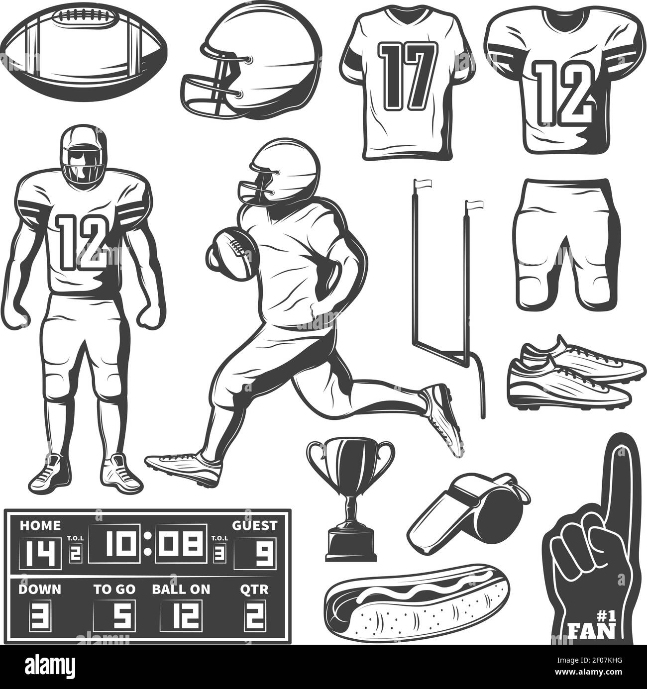 American football monochrome elements set with sports equipment and  clothing players trophy food isolated vector illustration Stock Vector  Image & Art - Alamy