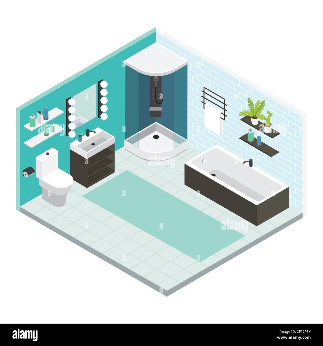 Isometric colored interior bathroom composition with finished repair or layout of repair vector illustration Stock Vector