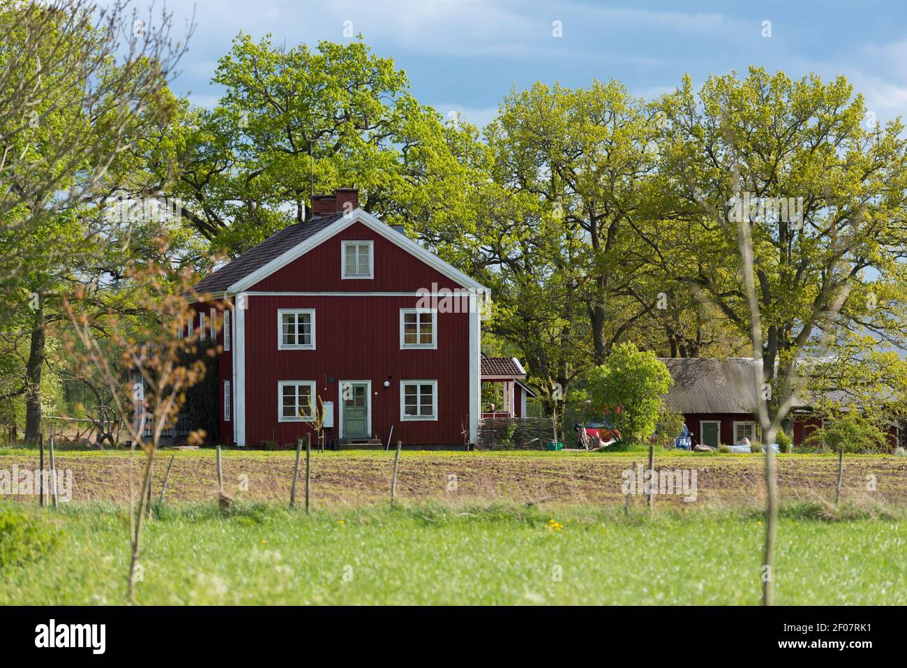 Red wooden house in Sweden. Stock Photo