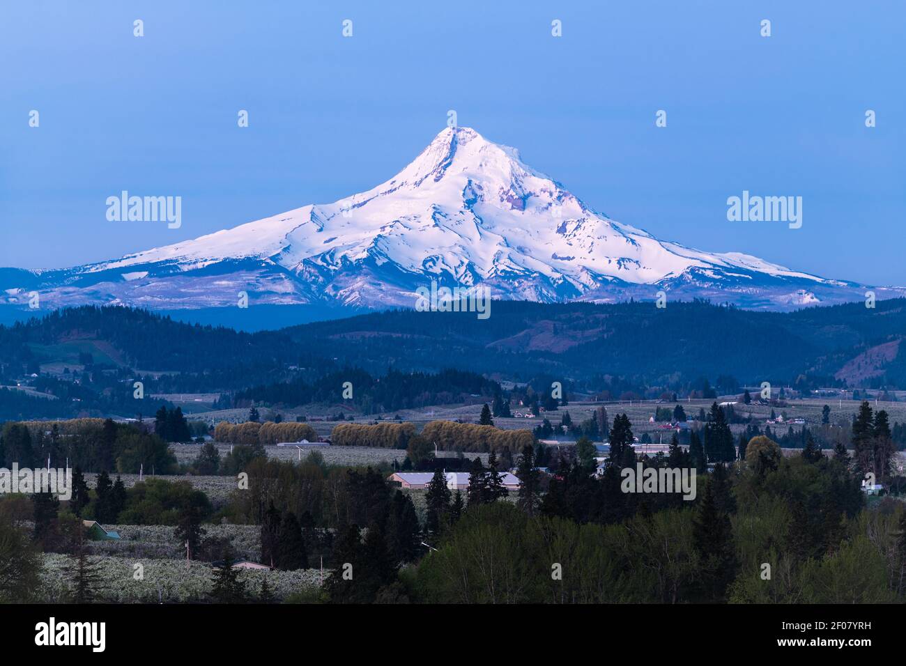 Dawn begins to break over volcanic Mount Hood in Oregon with farmland in the foreground Stock Photo