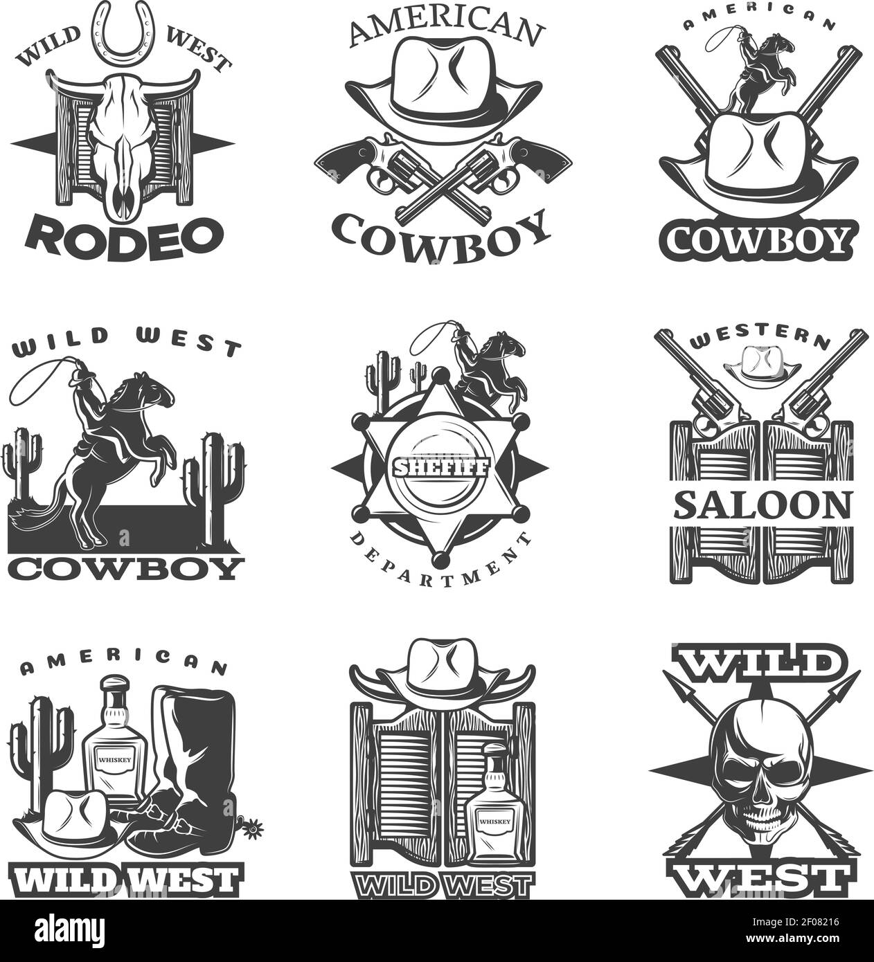 Black wild west emblem set with wild west rodeo American cowboy western saloon descriptions vector illustration Stock Vector