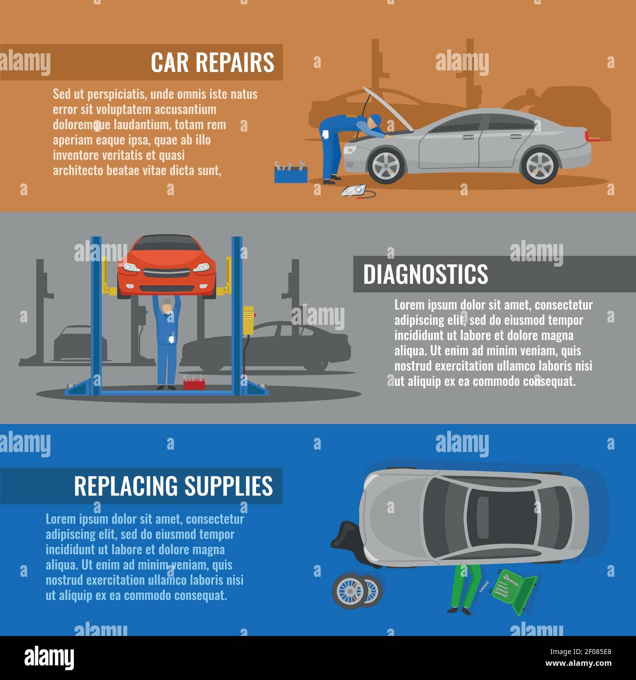 Auto service horizontal banners set with car repairs diagnostics