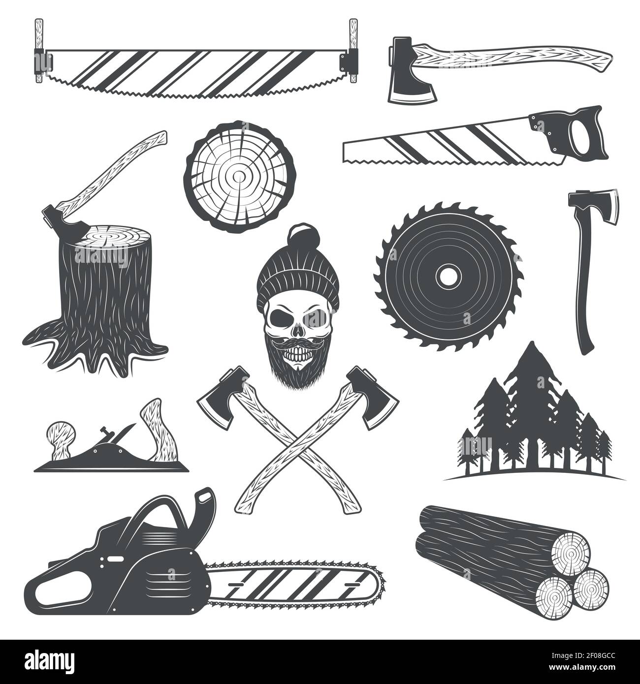 Lumberjack monochrome elements set with working tools round timber ...