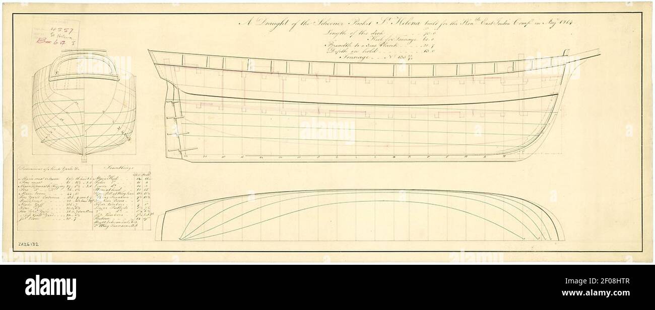 Plan of the East India Company packet schooner St Helena. Stock Photo