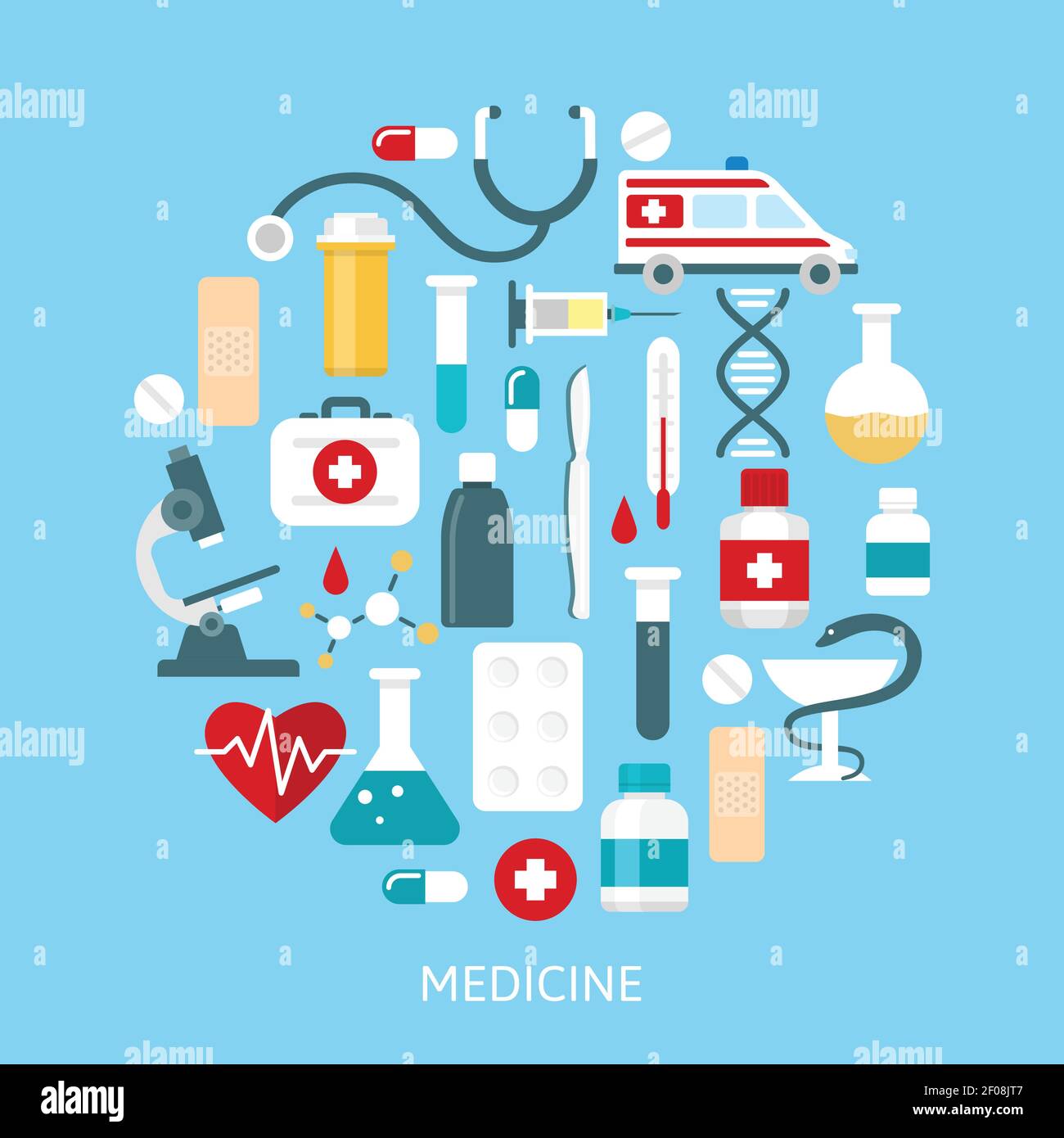 Flat medicine poster with medical accessories in the middle combined to