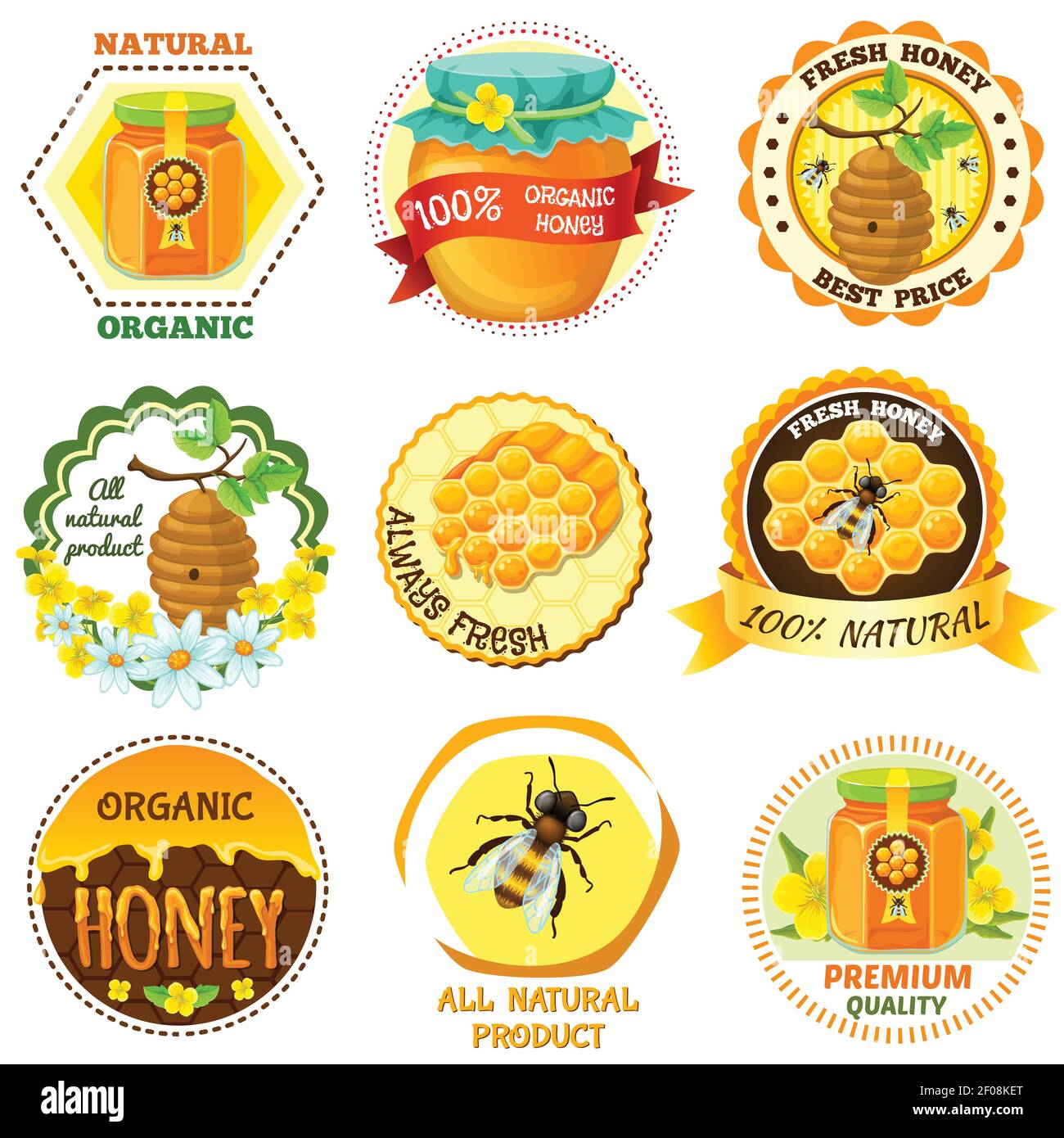 Honey emblem set with descriptions of natural organic fresh honey best price all natural product vector illustration Stock Vector