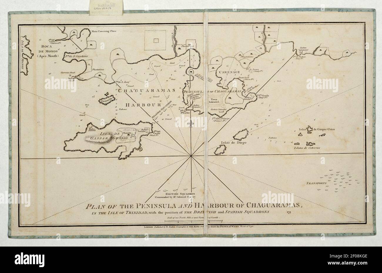 Plan of the peninsula and harbour of Chaguaramas, in the Isle of Trinidad, with the position of the British and Spanish squadrons. Stock Photo