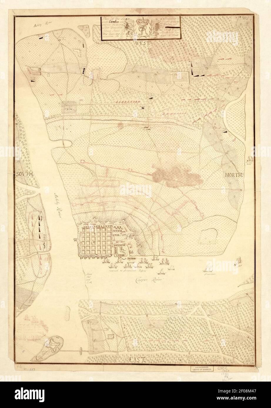 Plan of the siege of Charles Town in South Carolina under command of His Excellence Sir Henry Clinton and under direction of ... Collonel Mount-Crieff as chief ingener, this town was surrendered with Stock Photo