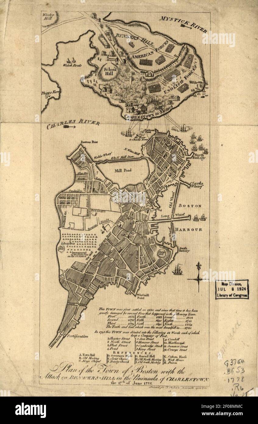 Plan of the town with the attack on Bunkers-Hill in the peninsula of ...