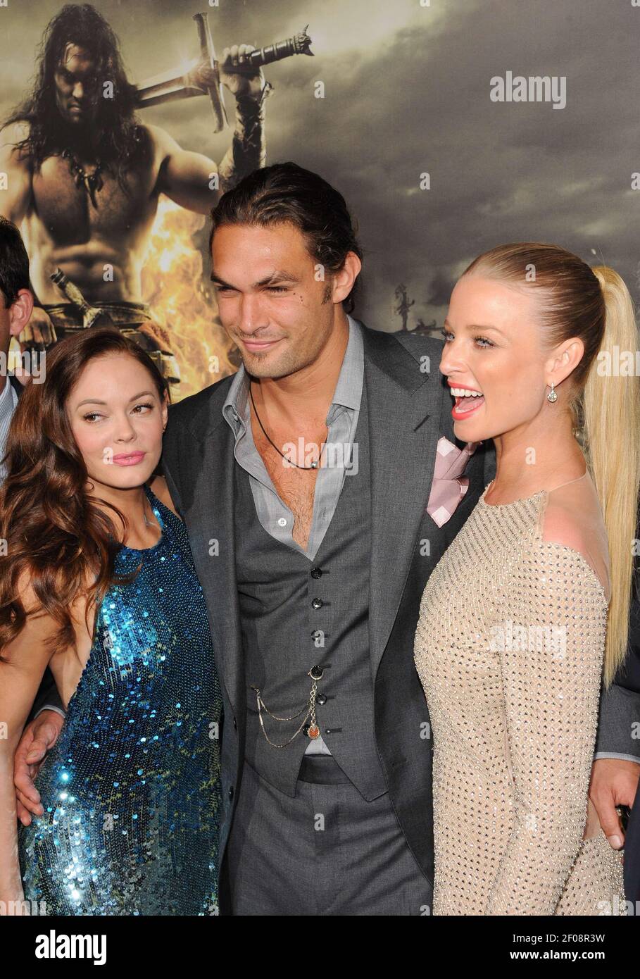 Rose McGowan, Jason Momoa and Rachel Nichols. 11 August 2011, Los Angeles,  CA. Conan The Barbarian Premiere held at Regal Cinemas L.A. Live. Photo  Credit: Giulio Marcocchi/Sipa Press./Conan gm.084/1108120938 Stock Photo -