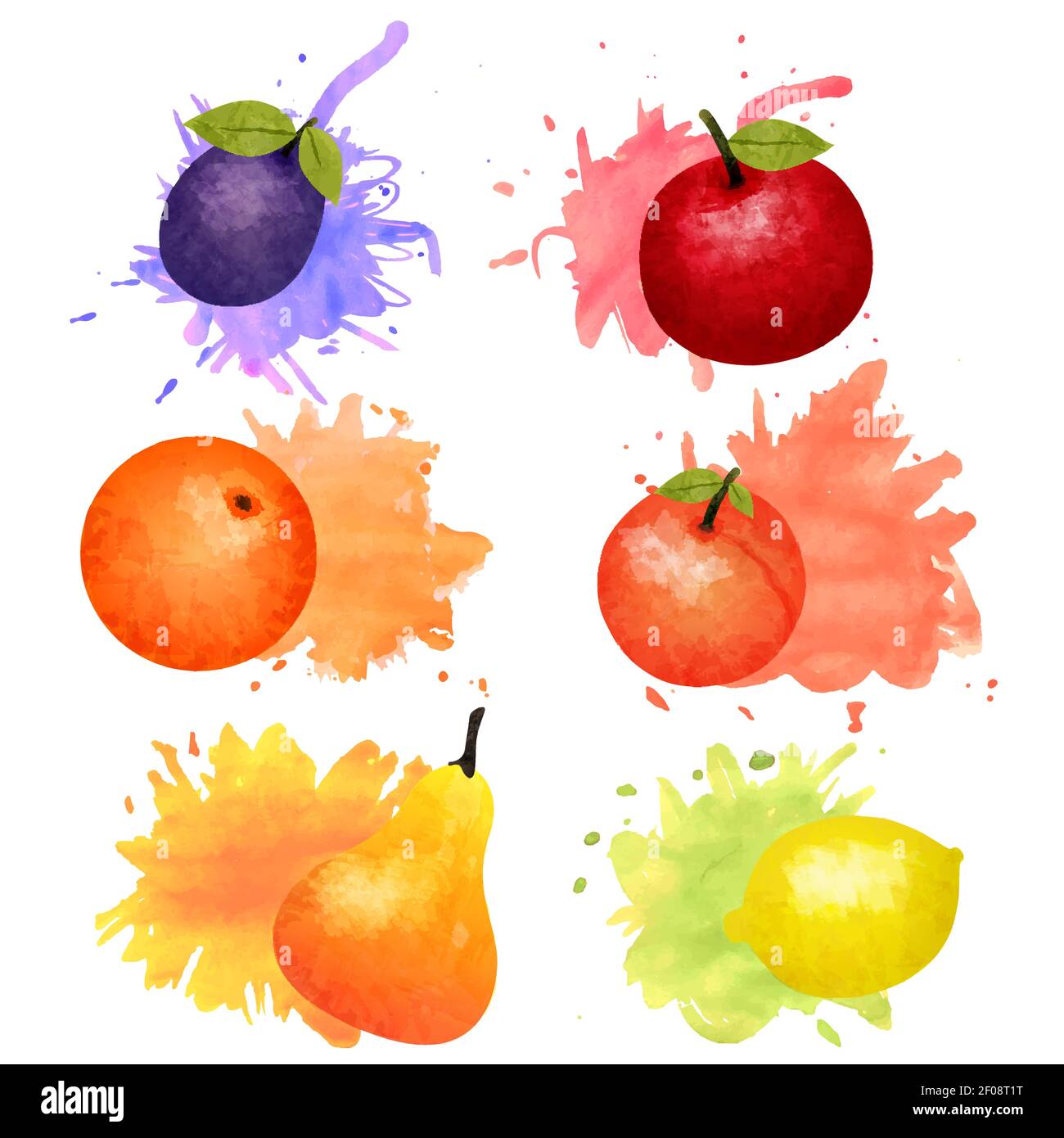 Isolated fruits and berries watercolor icon set with colorful blots on ...