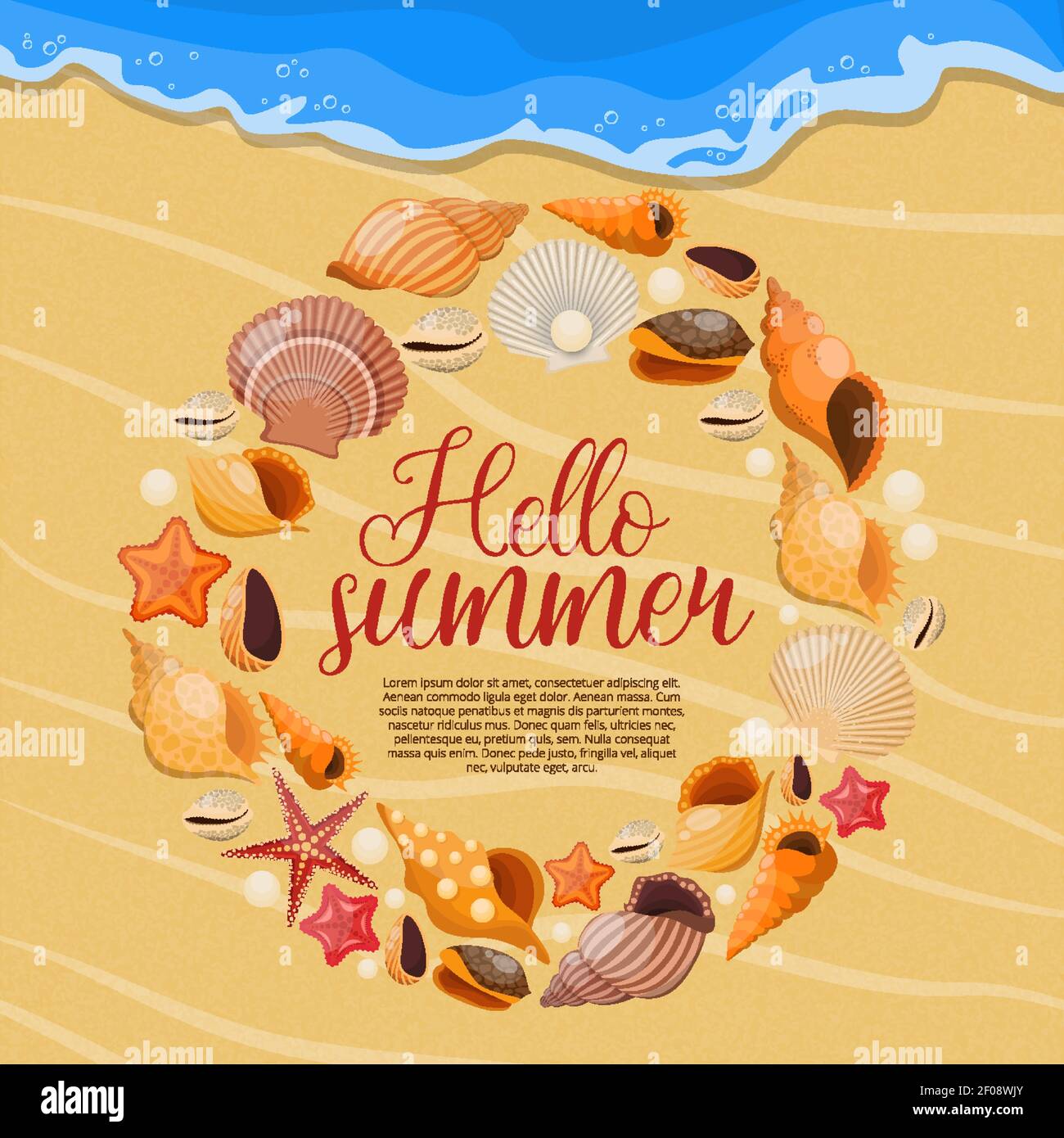 Summer sea shells poster with round shells frame and title hello summer ...