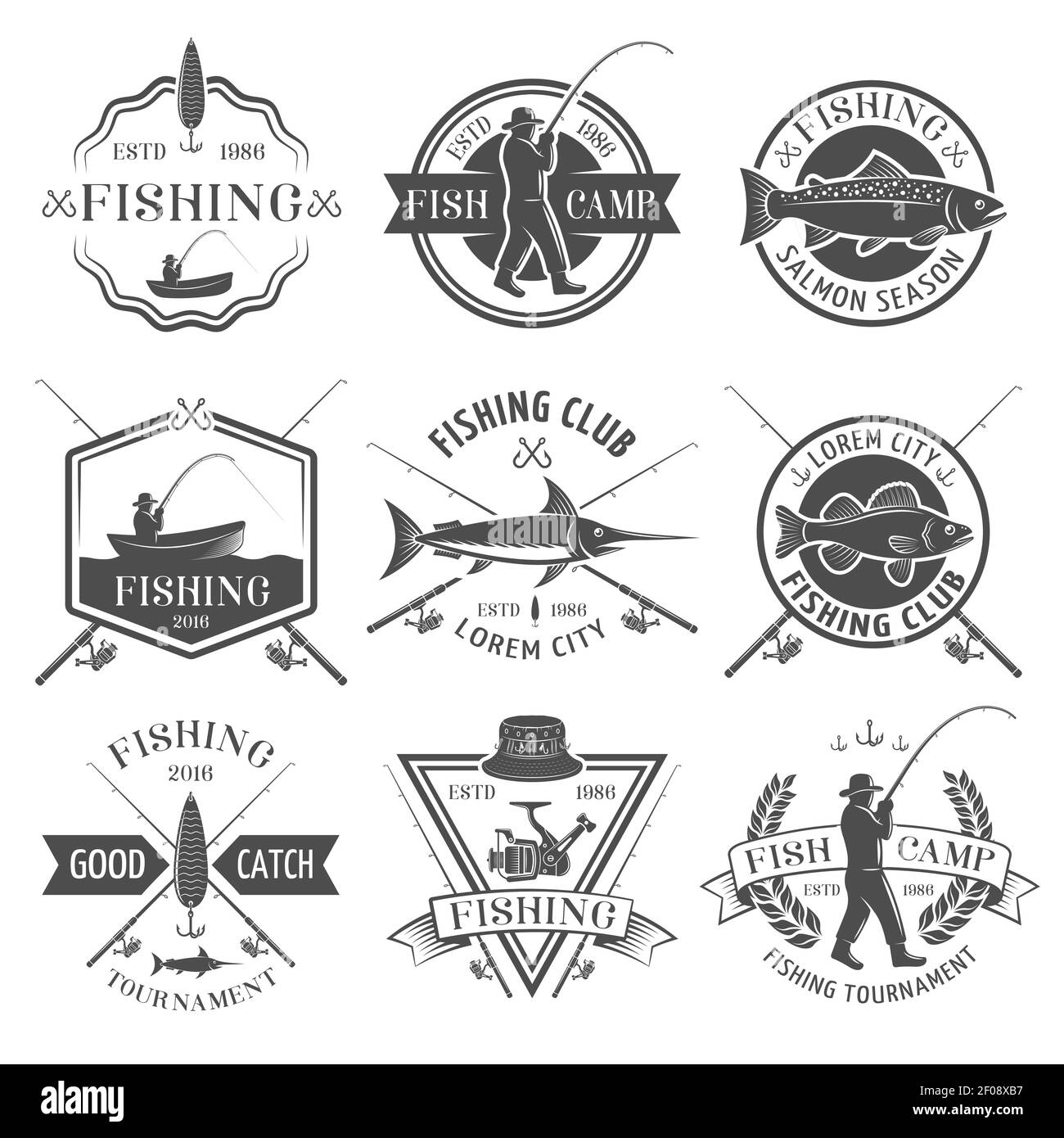 Fishing club black white emblems set with man in hat rod boat catch inscriptions isolated vector illustration Stock Vector