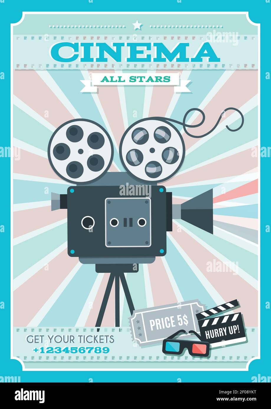 Cinema retro style poster with projector in center on background of alternating pink blue rays vector illustration Stock Vector