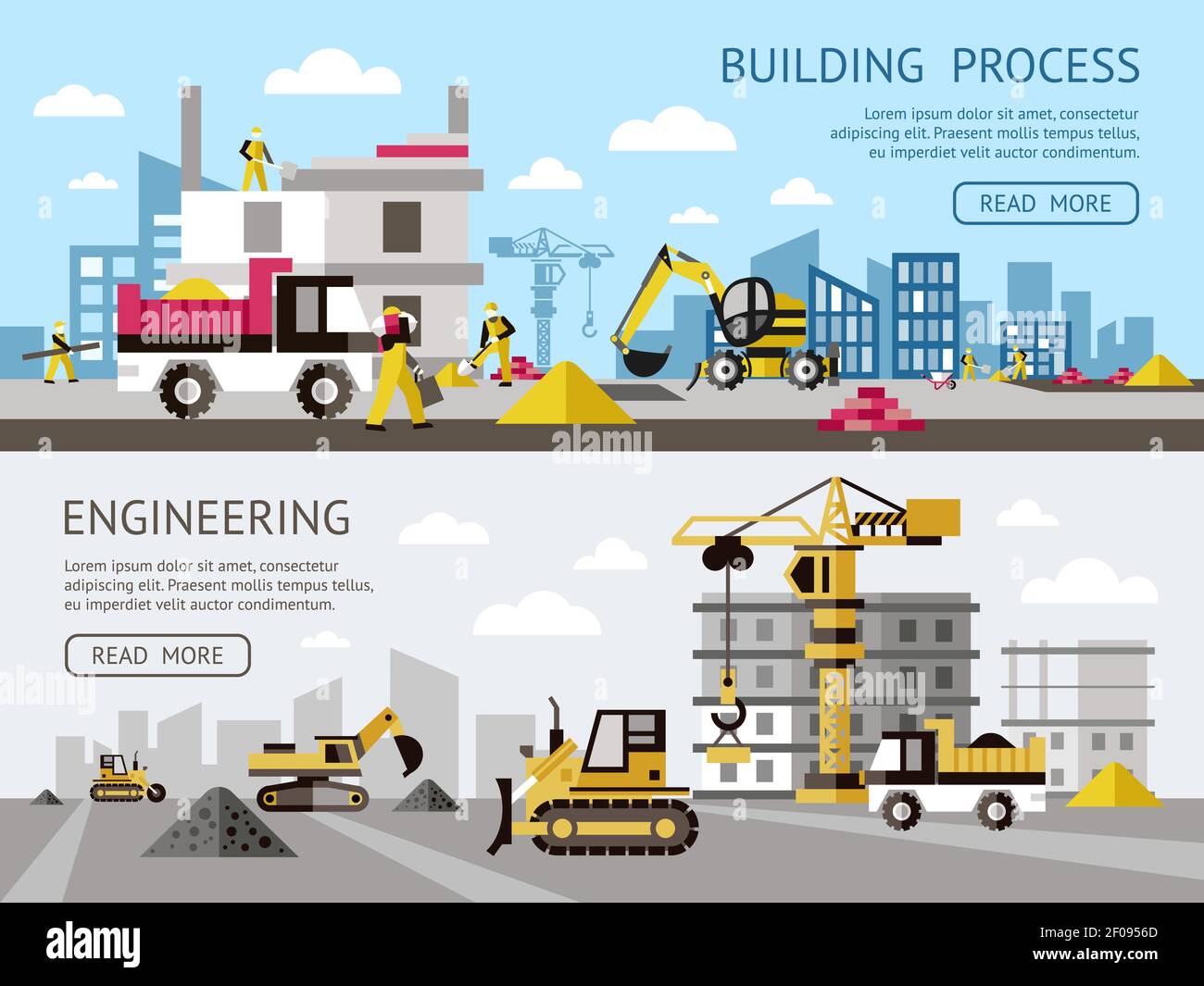Construction colored banner set with building process and engineering descriptions plus buttons vector illustration Stock Vector