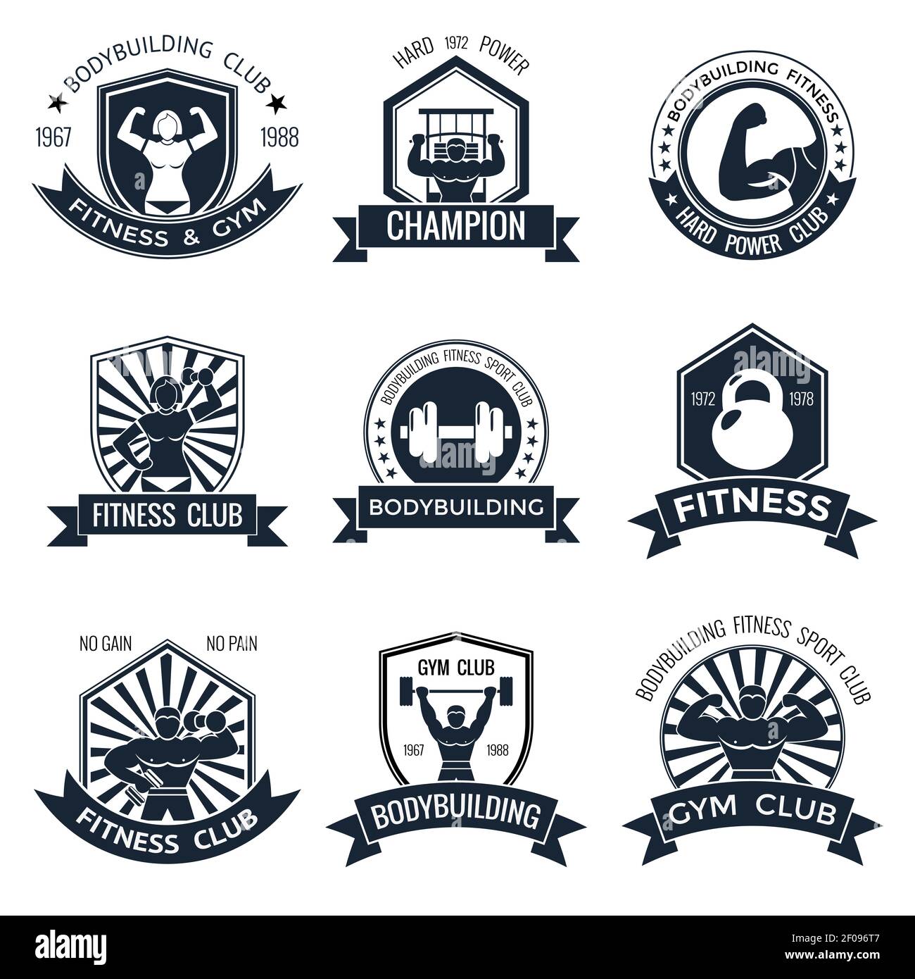 Bodybuilding black and white different shapes labels set with ribbons at  the bottom of various sports themes vector illustration Stock Vector Image  & Art - Alamy