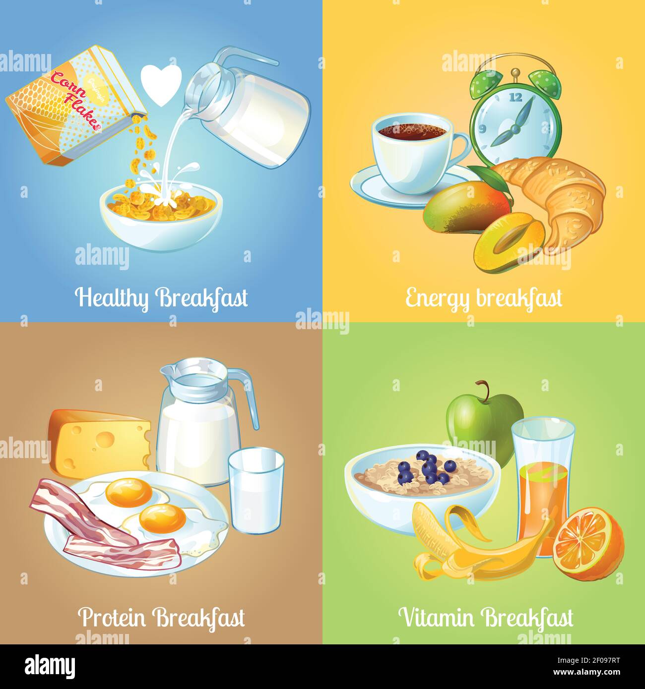Four breakfast compositions or icon set with healthy energy protein and ...