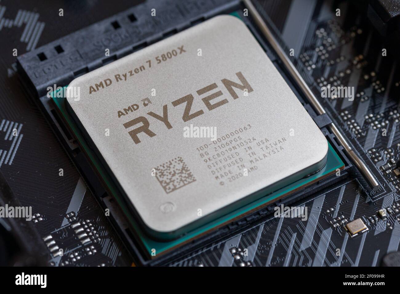 Vancouver, Canada - Circa 2021: AMD Ryzen Processor seated on motherboard Stock Photo
