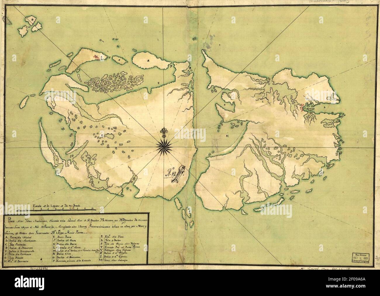 Plano de las Yslas Malvinas, situado en la latitud sur de 51 grados 28 minutos y en 319 grados 30 minutos lamas leste segun el mro. de Thenerife, arreglado a los ultimos reconosimientos echos en ellas Stock Photo