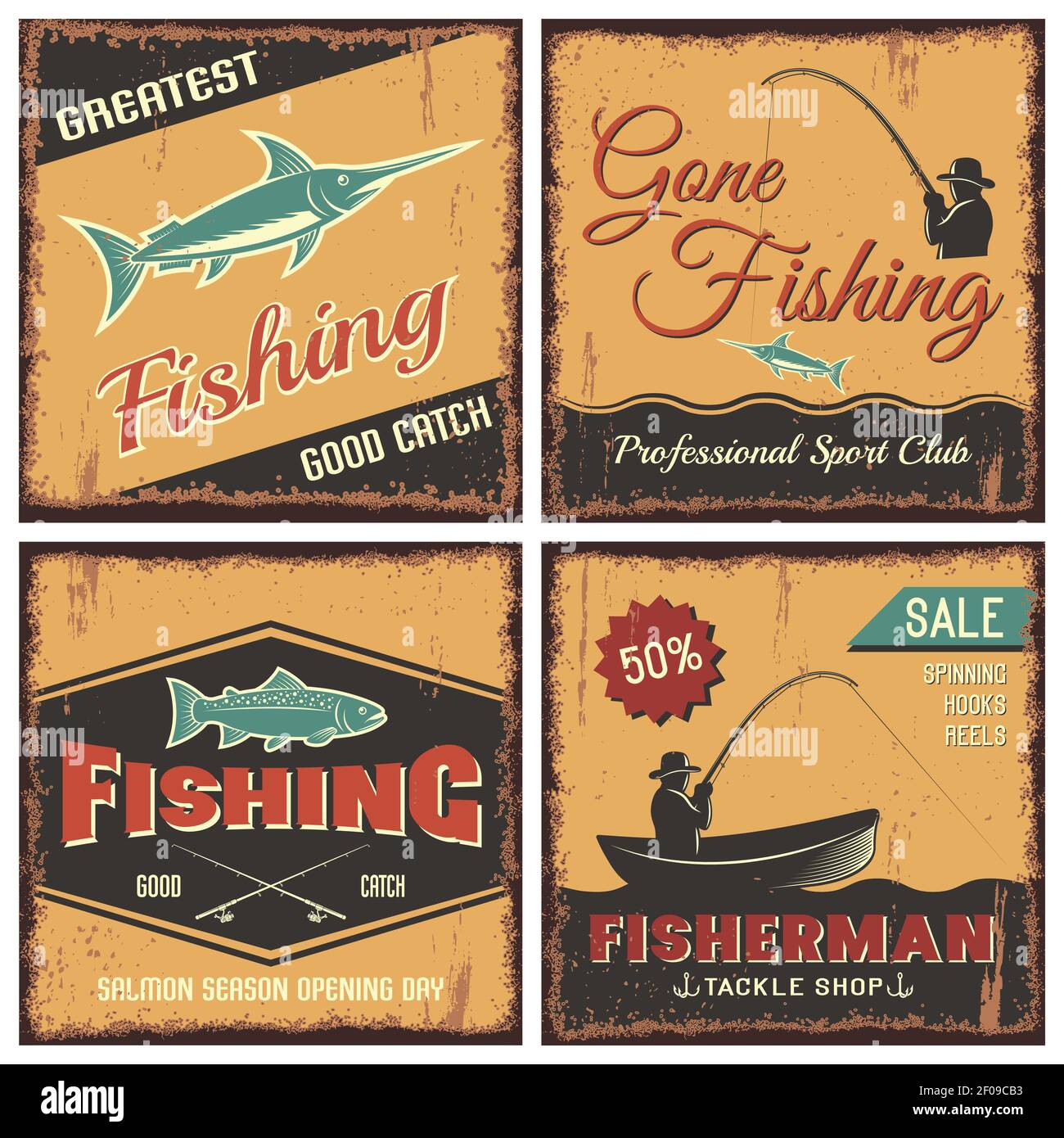 Fishing vintage style concept with man in hat boat rod salmon swordfish and inscriptions isolated vector illustration Stock Vector