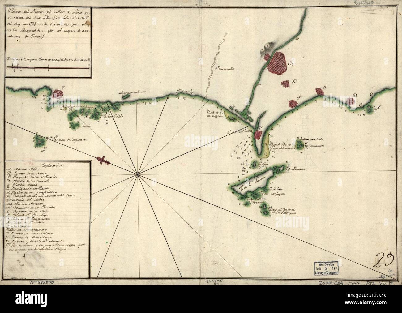 Plano del Puerto del Callao de Lima en el mar del sur o Pacífico lebanto. de ordn. del Rey en 1744 en la latitud de (blank) gros (blank) ms. y en la longitud de o (blank) gros (blank) ms. segun el Stock Photo