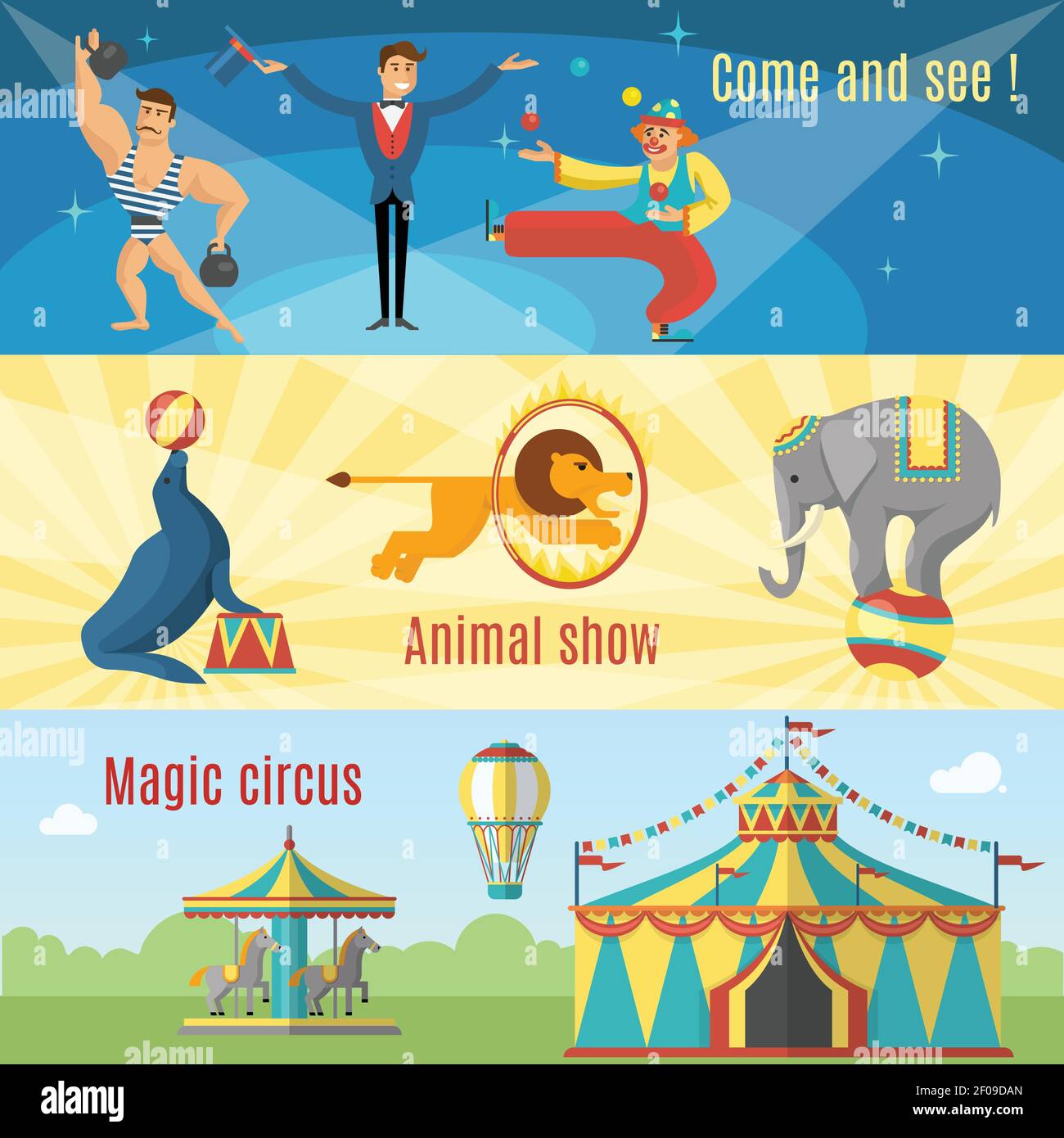 Flat circus banners with titles come and see animal show magic circus ...