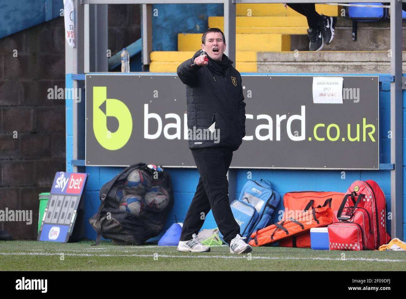 BARROW IN FURNESS. MARCH 6TH Mansfield Town manager Nigel Clough during the Sky Bet League 2 match between Barrow and Mansfield Town at the Holker Street, Barrow-in-Furness on Saturday 6th March 2021. (Credit: Mark Fletcher | MI News) Credit: MI News & Sport /Alamy Live News Stock Photo