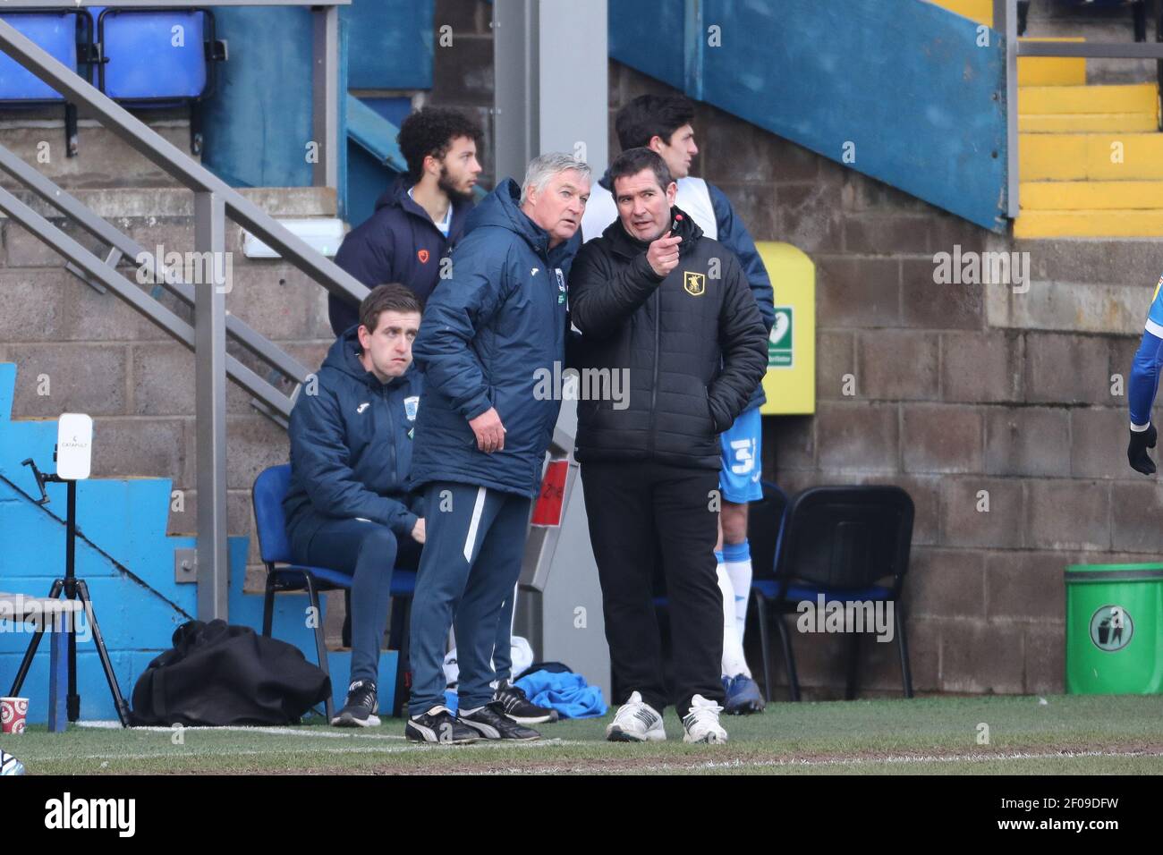 BARROW IN FURNESS. MARCH 6TH Barrow caretaker manager Rob Kelly and Mansfield Town manager Nigel Clough during the Sky Bet League 2 match between Barrow and Mansfield Town at the Holker Street, Barrow-in-Furness on Saturday 6th March 2021. (Credit: Mark Fletcher | MI News) Credit: MI News & Sport /Alamy Live News Stock Photo