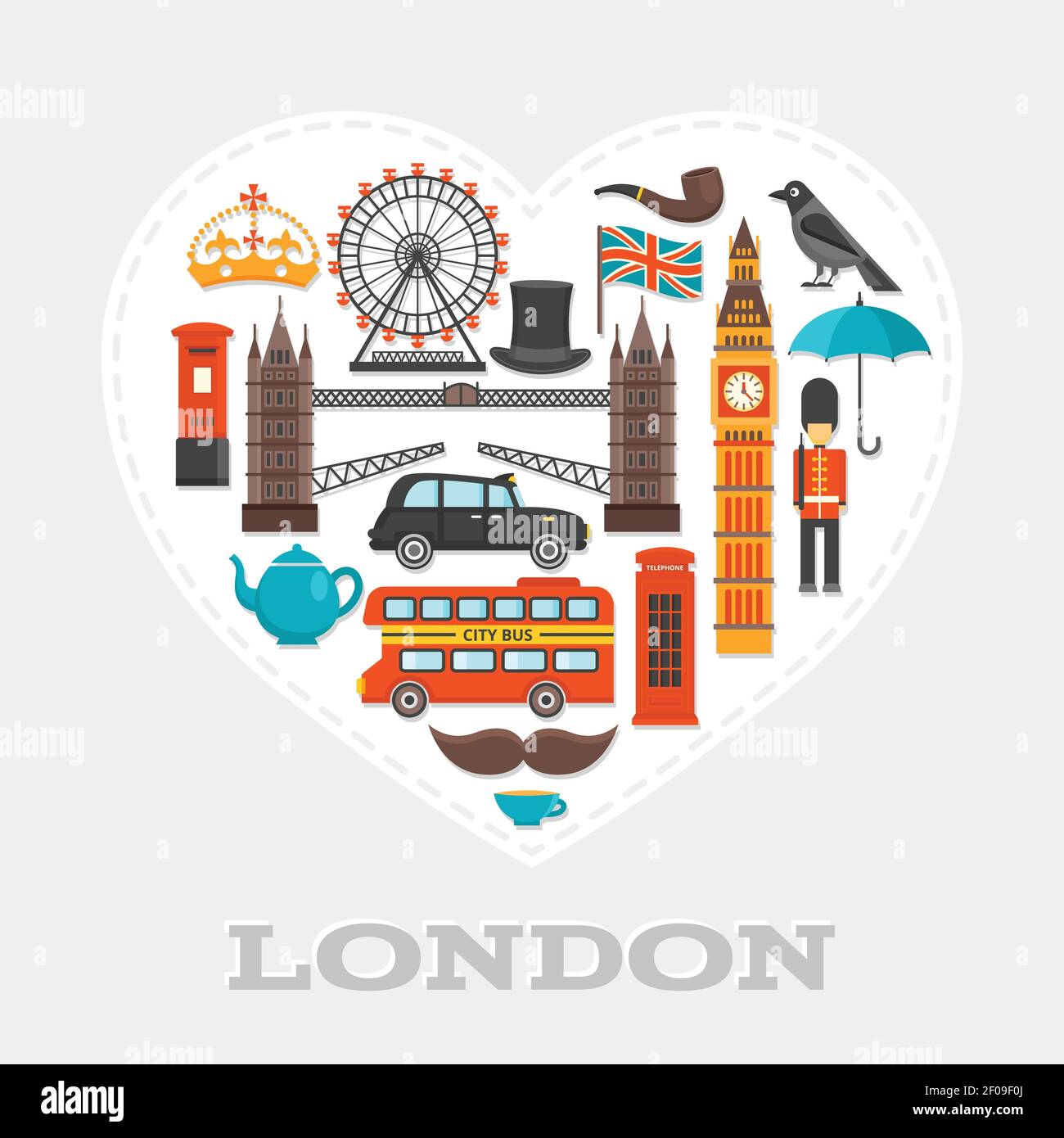 London heart composition or poster with isolated icon set on London theme combined in big white heart vector illustration Stock Vector
