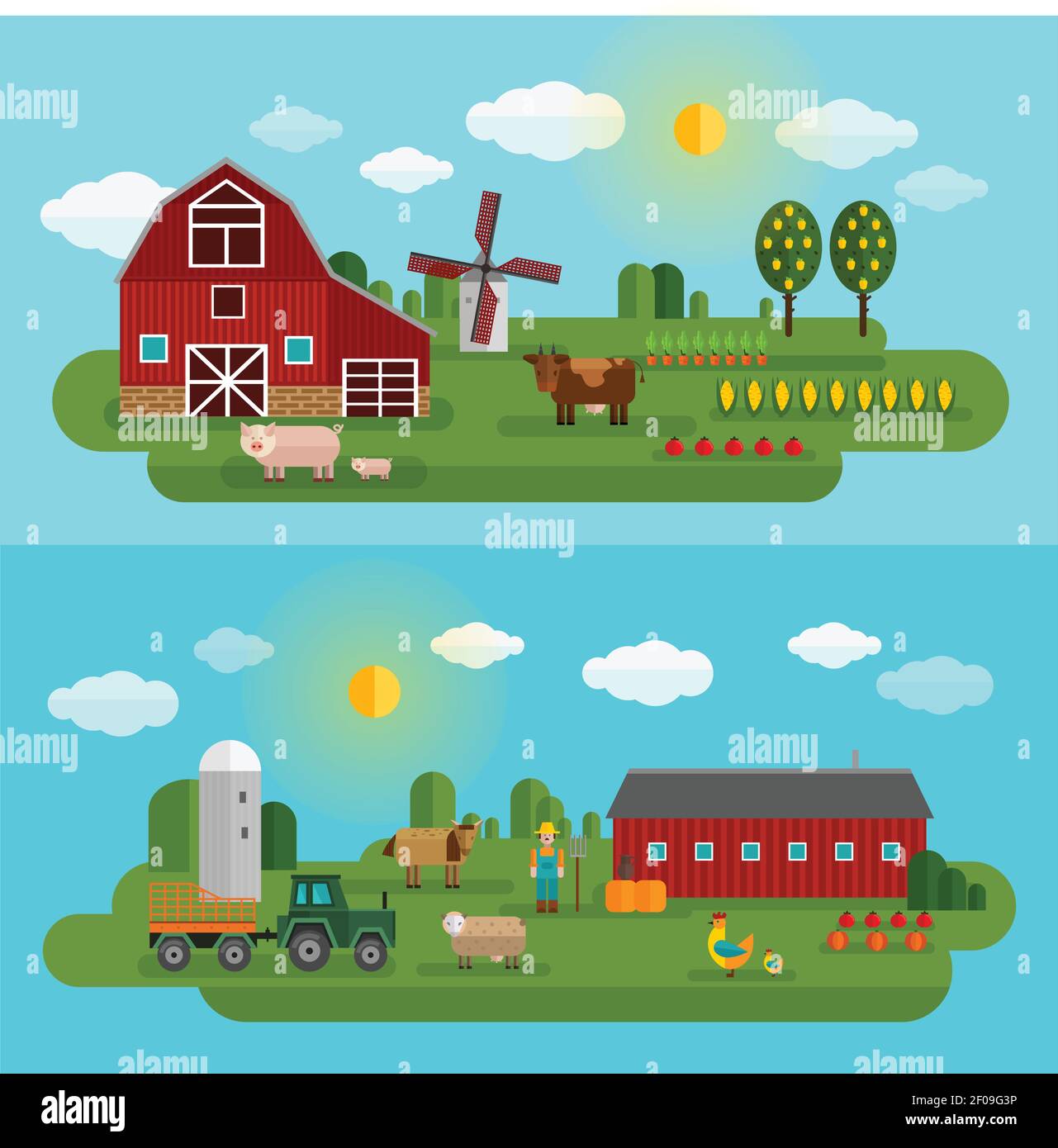 Flat farm panorama set with two different types of farm and animals ...