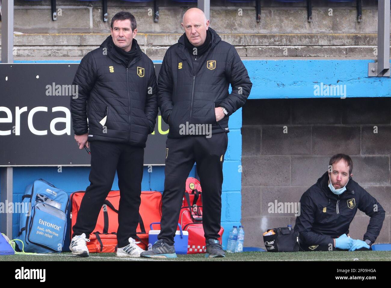 BARROW IN FURNESS. MARCH 6TH Mansfield Town manager Nigel Clough and coach Andy Garner during the Sky Bet League 2 match between Barrow and Mansfield Town at the Holker Street, Barrow-in-Furness on Saturday 6th March 2021. (Credit: Mark Fletcher | MI News) Credit: MI News & Sport /Alamy Live News Stock Photo