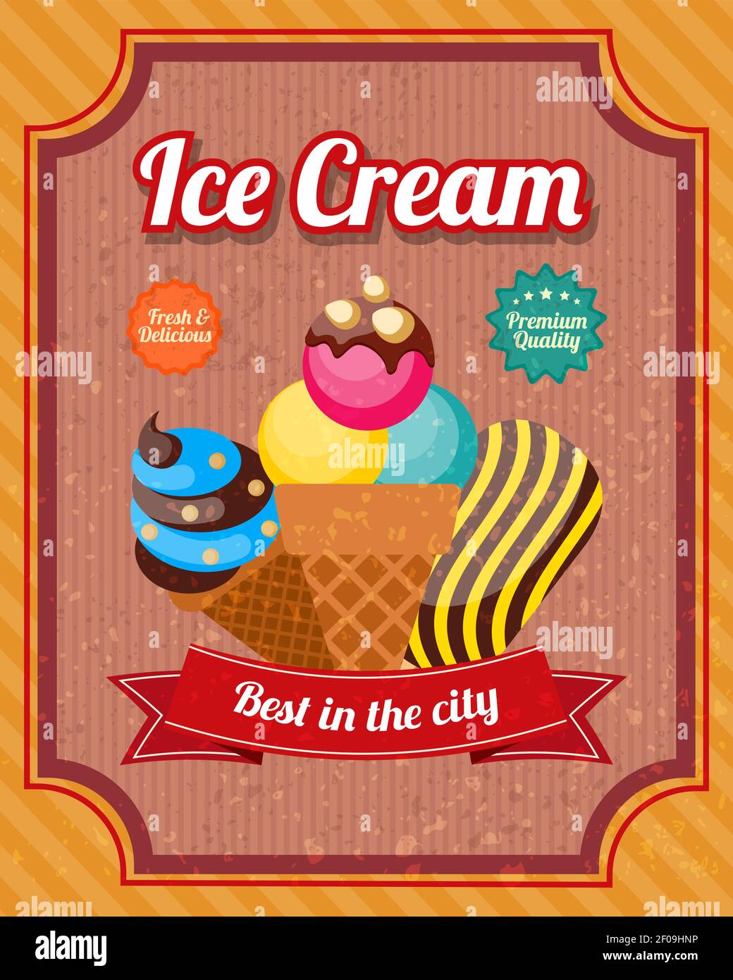 Ice cream vintage poster with waffle cones and frozen balls on pink