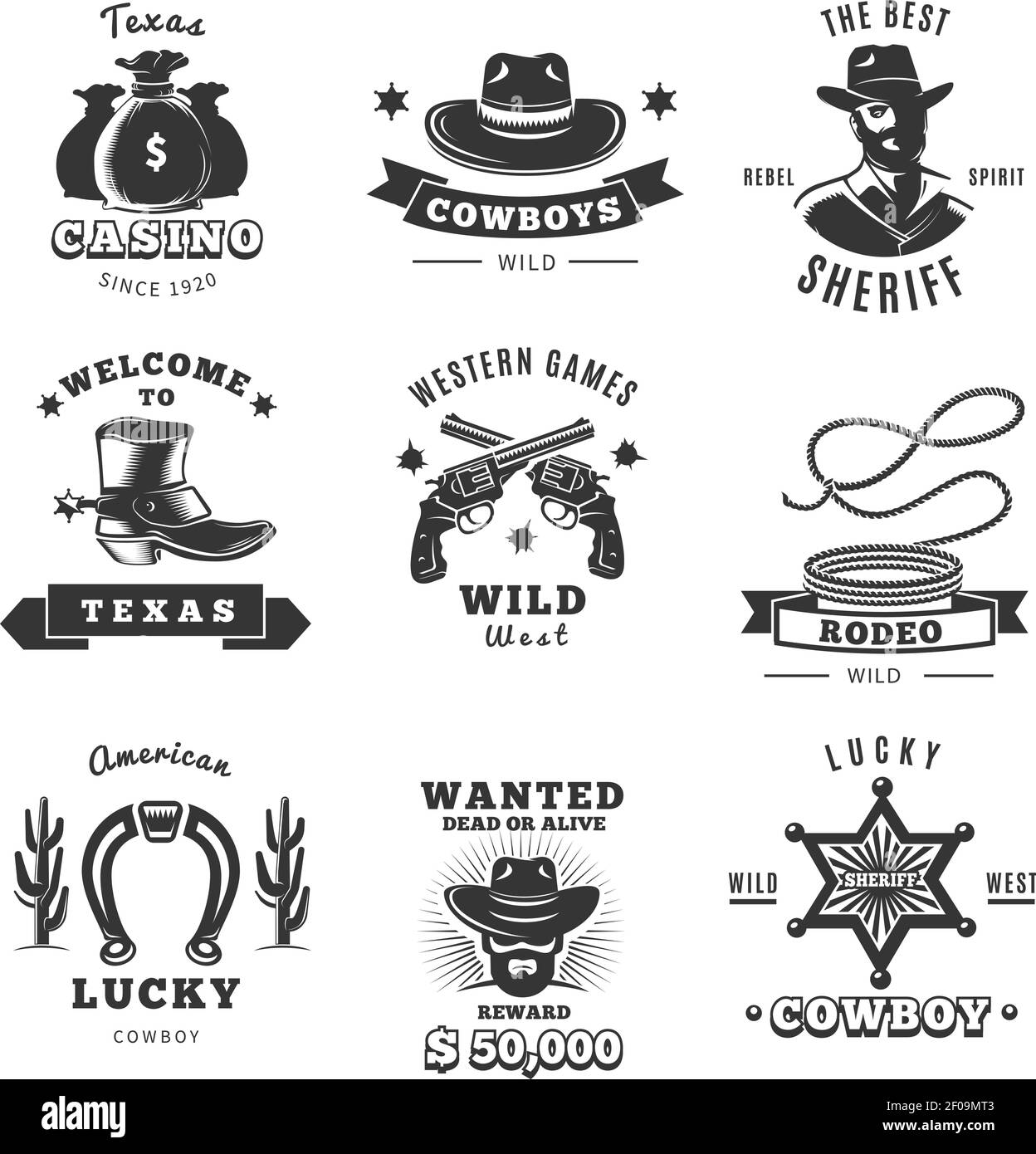 Vintage sheriff label set with texas casino cowboys wild welcome to texas descriptions vector illustration Stock Vector